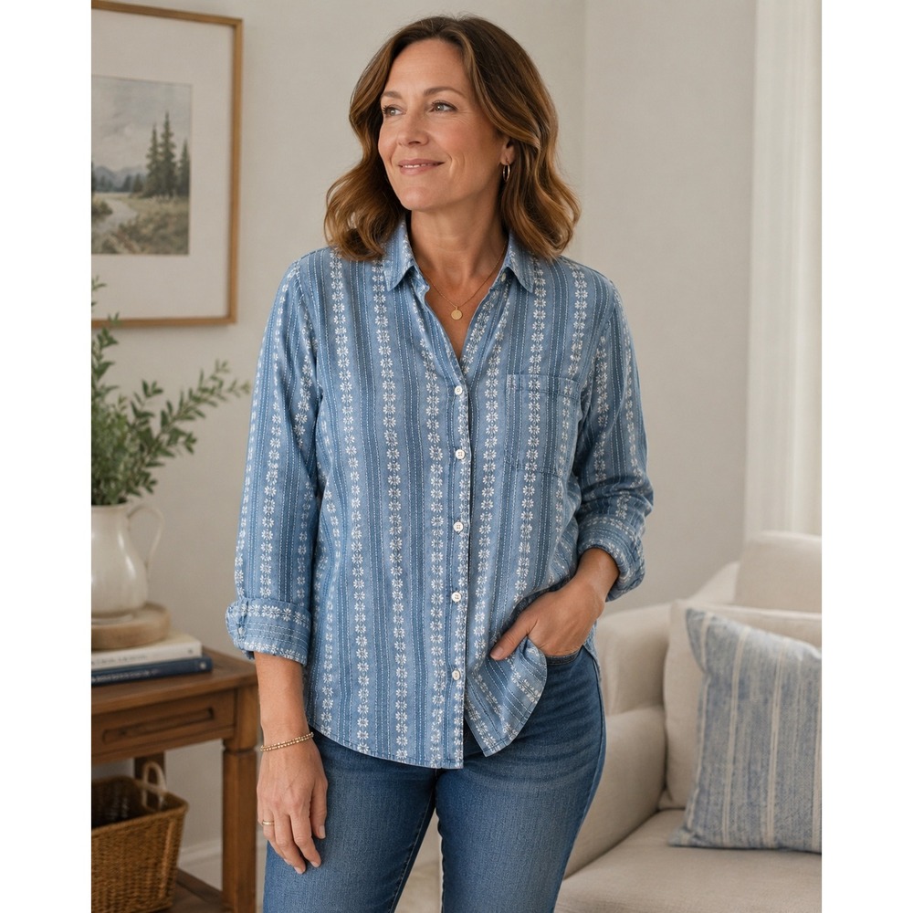 Karen Scott Blue Floral Stripe Button Front Shirt XL | 3/4 Sleeve Casual Top